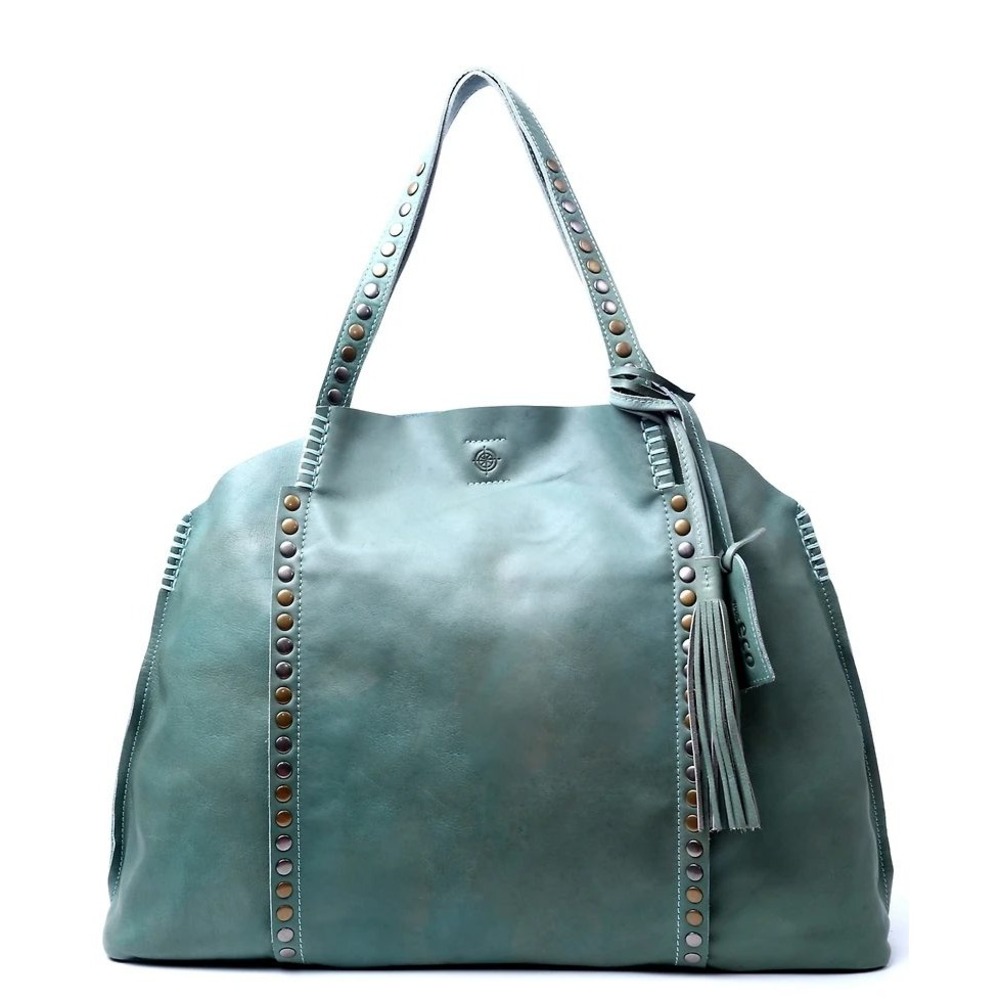 Old Trend Genuine Leather Studded Tote Bag Teal Green Vintage Tassel Handbag NWT